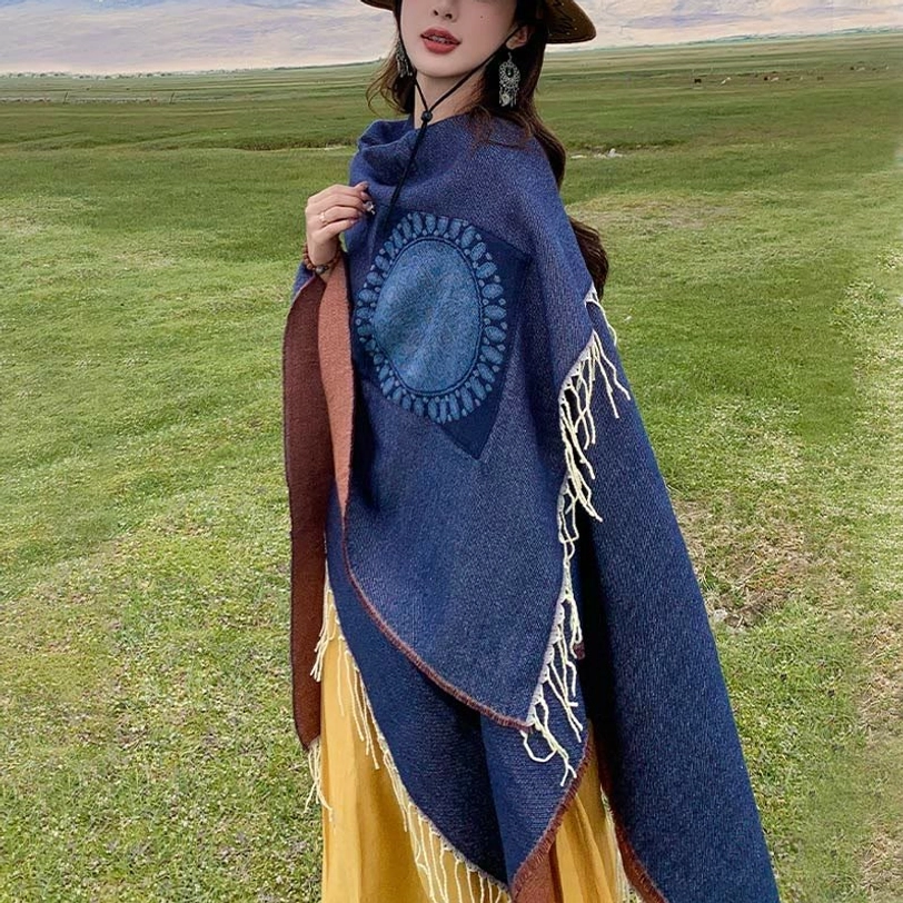 Steel Blue mandala wrap with pockets front three-quarter view