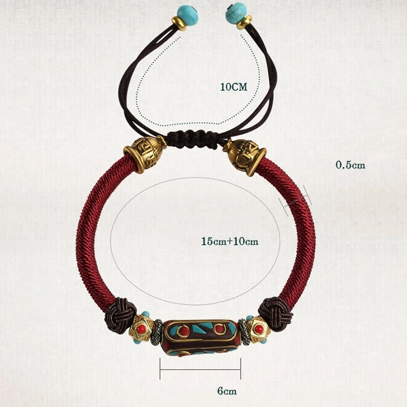Tibetan Om Mani Padme Hum bracelet with size annotations showing adjustable pull cord, enamel tube bead, and complete decorative metal set
