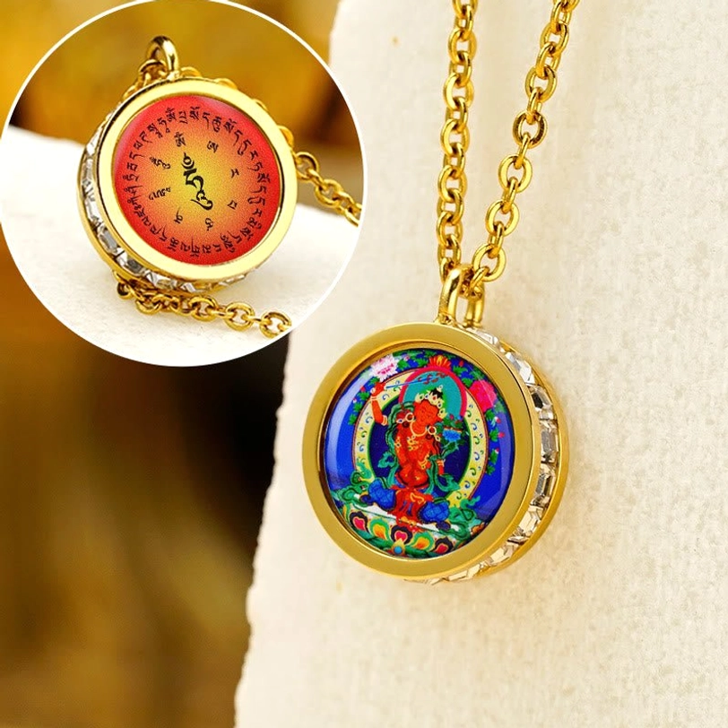 Manjushri Bodhisattva back mantra tibetan pendant showing wisdom symbol with sacred script on reversible design