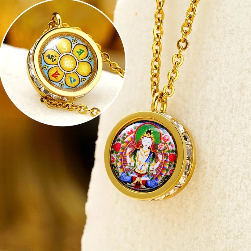 Manjushri Bodhisattva pendant necklace showing wisdom deity front design with sacred Tibetan mantra on back
