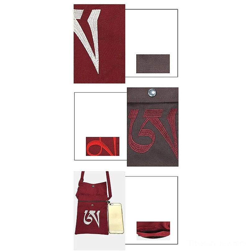 Tibetan OM mantra bag construction schematic showing logo design, adjustable strap, interior pocket layout, and size dimensions