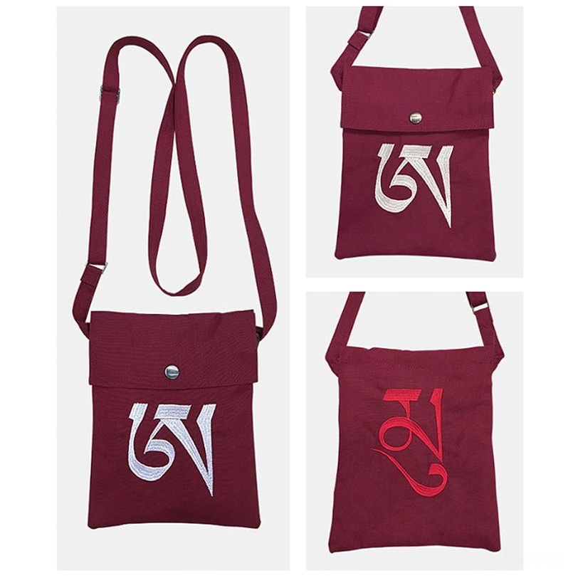 Multiple handmade Tibetan OM mantra crossbody bags showing front and back views with varied color and embroidery options