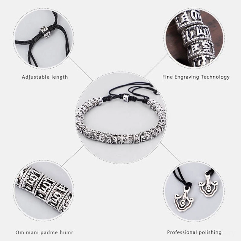 Tibetan mantra bracelet craftsmanship infographic displaying adjustable length, hand-engraving technique, and Om Mani Padme Hum symbols