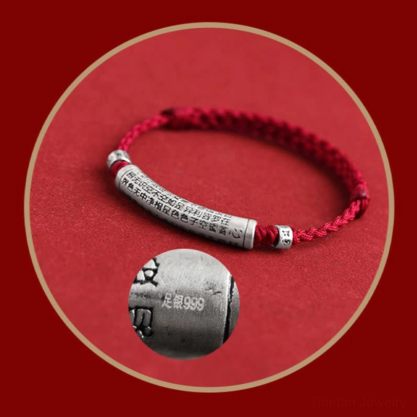 Tibetan mantra bracelet lifestyle shot showing comfortable wear and versatile styling with engraved silver charm