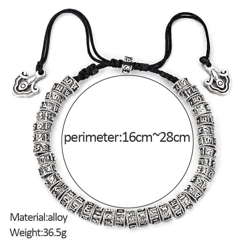 Tibetan mantra bracelet product specifications showing adjustable 16-28cm perimeter, 36.5g weight, and alloy material information