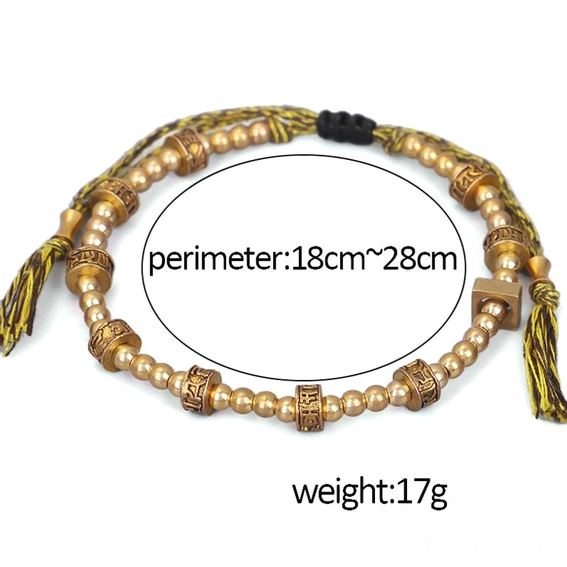 Tibetan mantra bracelet specifications showing adjustable size 18-28cm and weight 17g