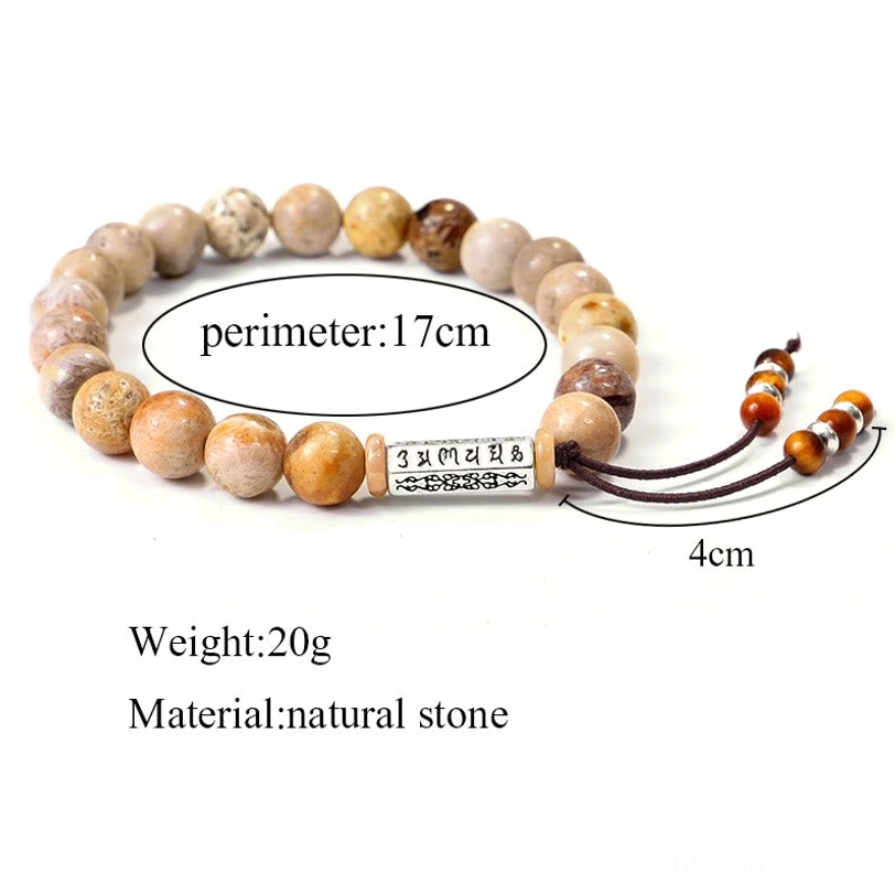 Weathered stone Tibetan prayer bracelet specifications, showing 17cm perimeter, 20g weight, and complete product dimensions