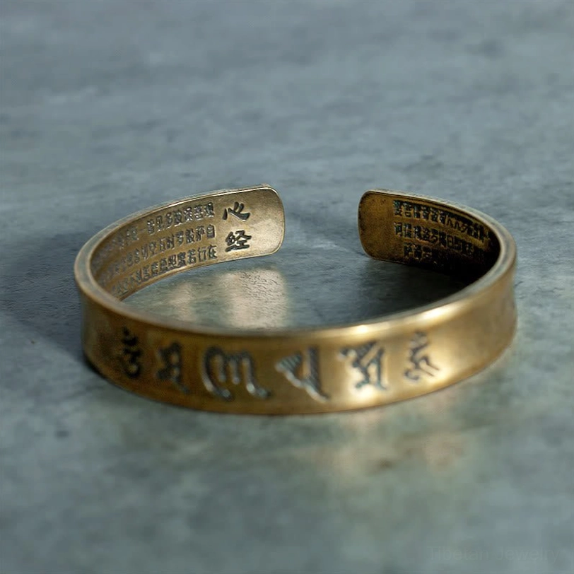 Antique bronze two-sided engraved cuff bracelet with Tibetan mantra and Heart Sutra