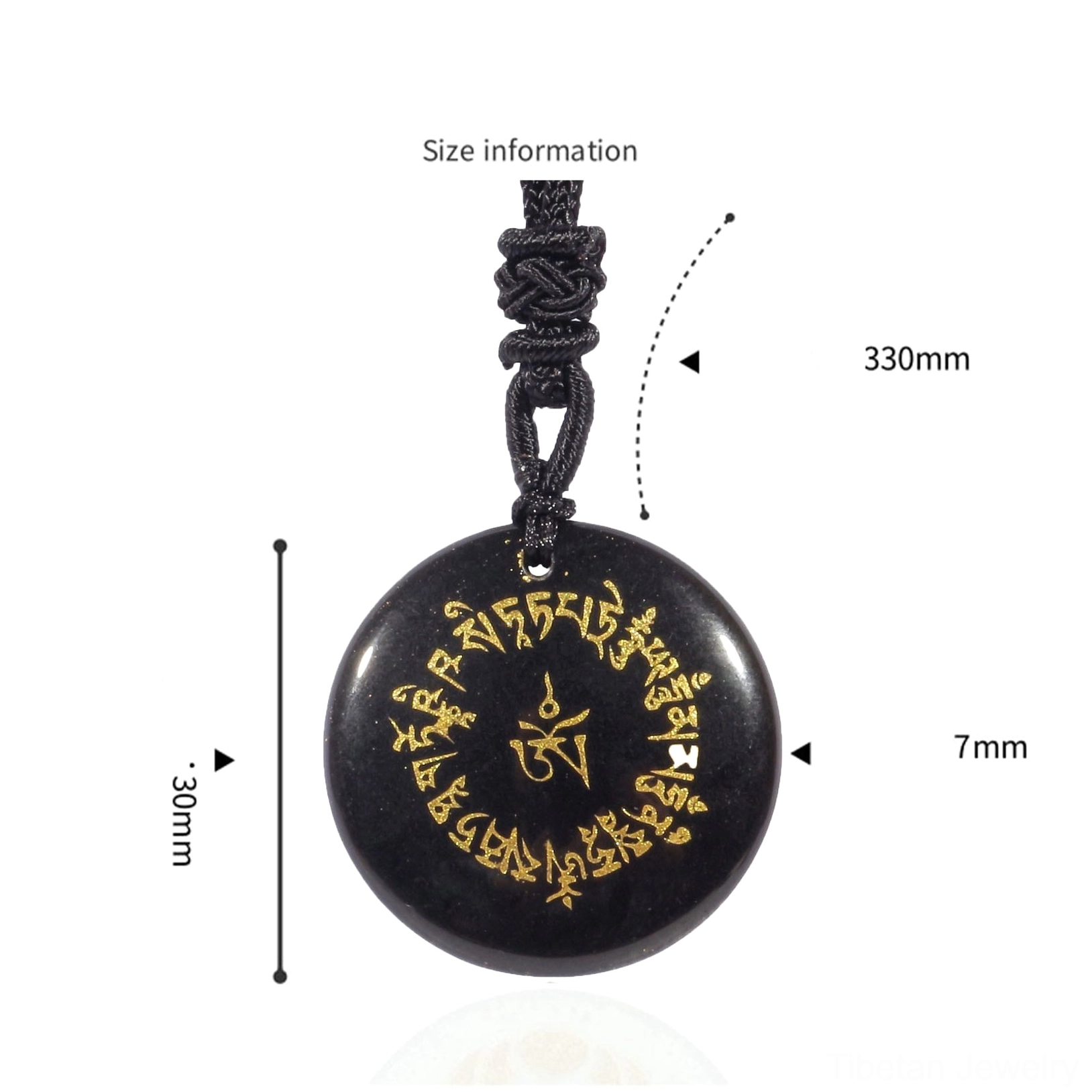 Black Obsidian mantra necklace size reference showing 30mm pendant diameter and 33cm cord length