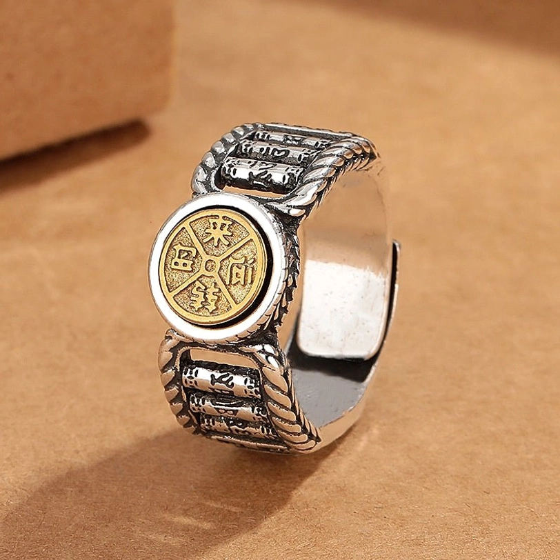 Worn on hand Tibetan engraved mantra ring showing authentic fit on index finger, demonstrating comfortable daily wear with detailed sutra engravings visible