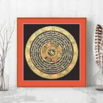 Tibetan six-syllable mantra Om Mani Padme Hum thangka wall art with gold hand-painted patterns and red decorative frame on black canvas