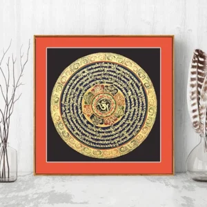 Tibetan six-syllable mantra Om Mani Padme Hum thangka wall art with gold hand-painted patterns and red decorative frame on black canvas