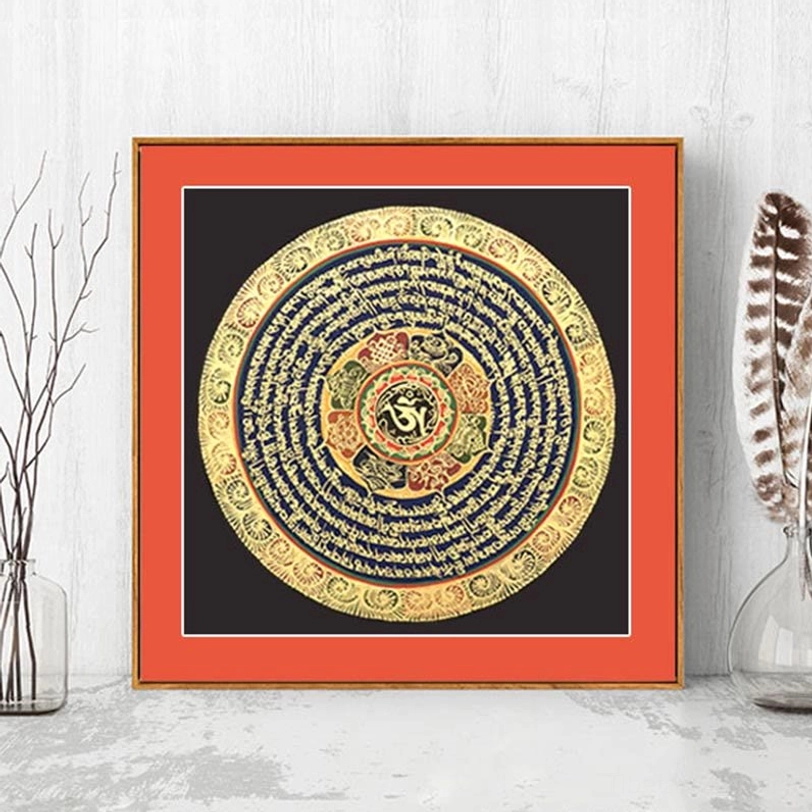 Tibetan six-syllable mantra Om Mani Padme Hum thangka wall art with gold hand-painted patterns and red decorative frame on black canvas