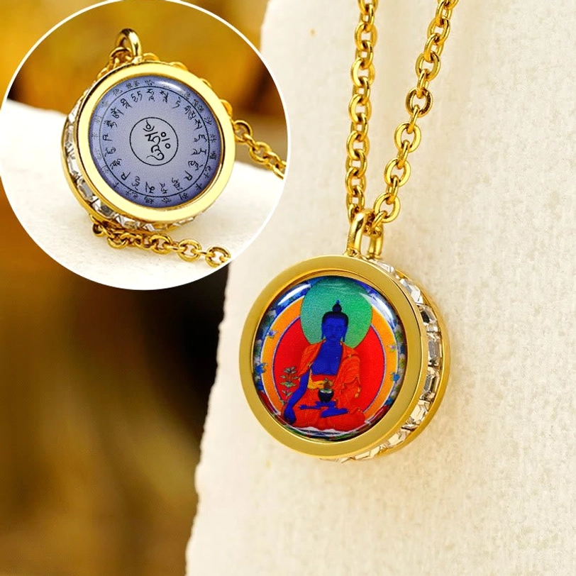 Medicine Buddha back mantra tibetan pendant necklace with healing deity and Om Mani Padme Hum on reverse