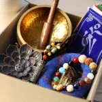 Tibetan meditation gift bundle complete set in presentation box with singing bowl, mala bracelet, necklace, incense holder and prayer flags
