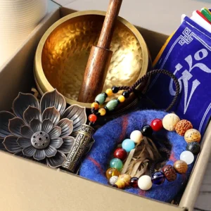 Tibetan meditation gift bundle complete set in presentation box with singing bowl, mala bracelet, necklace, incense holder and prayer flags