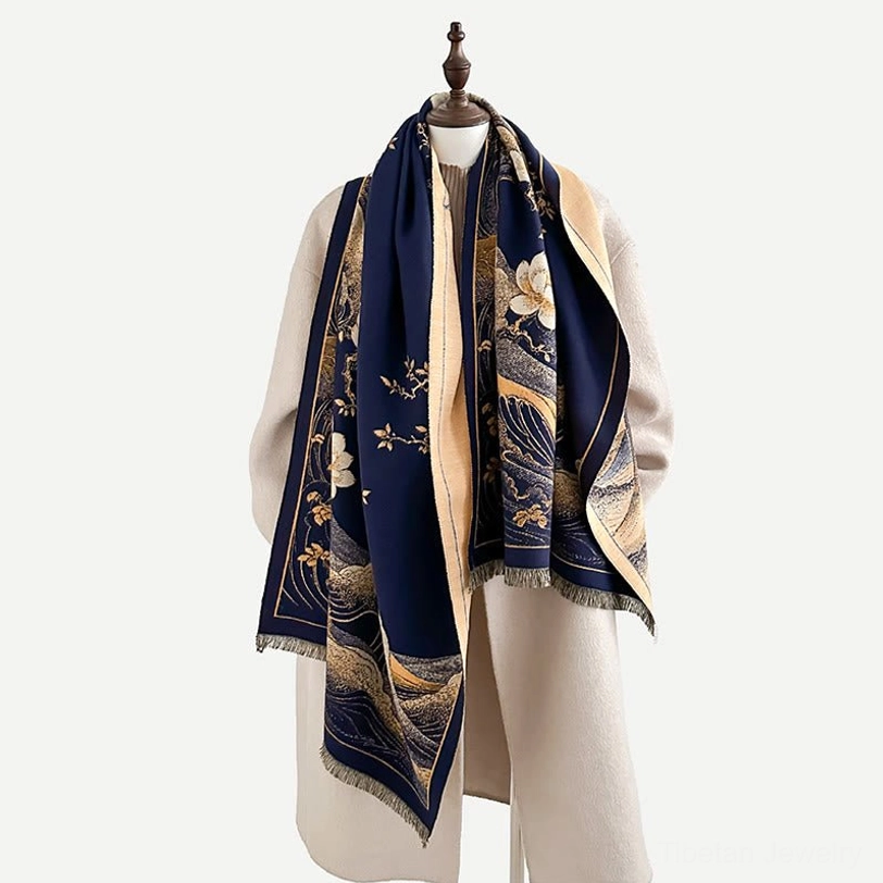 Premium Tibetan meditation shawl with sacred lotus flower and spiritual wave symbolism