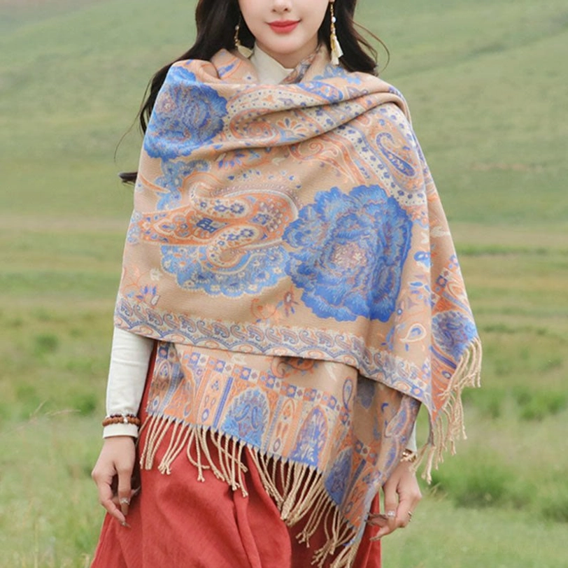 Moccasin Tibetan bohemian shawl with ethnic floral motif, warm neutral tone for versatile wardrobe pairing