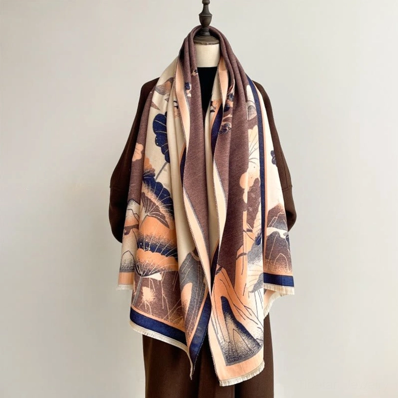 Tibetan mountain landscape shawl with lotus flower motif, artistic ink wash pattern in traditional colors