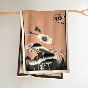 Tibetan landscape wrap shawl with taupe base and black peach printed pattern, flat hanging display with fringed hem