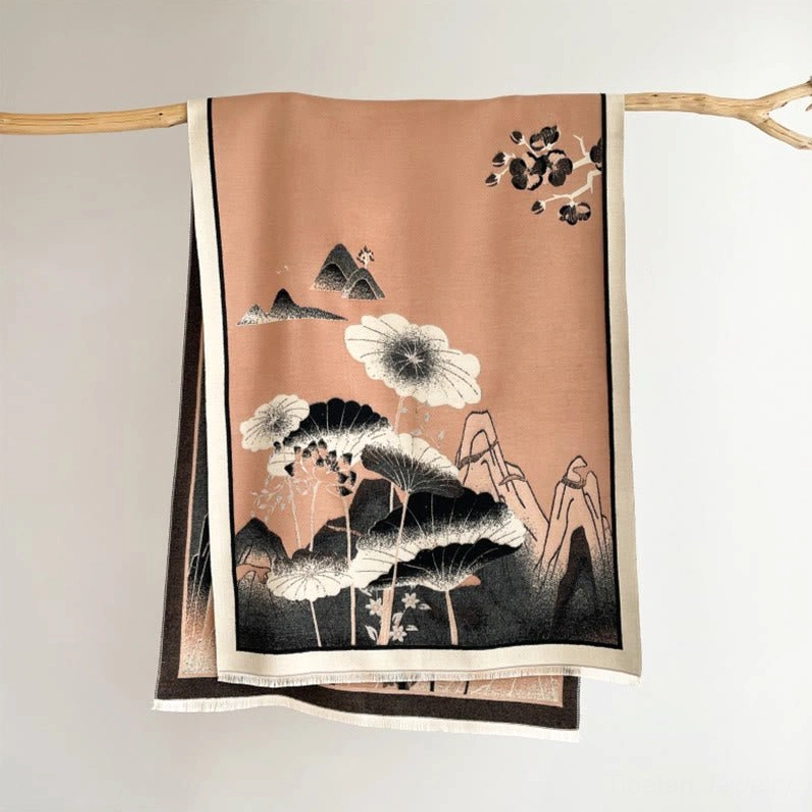 Tibetan landscape wrap shawl with taupe base and black peach printed pattern, flat hanging display with fringed hem