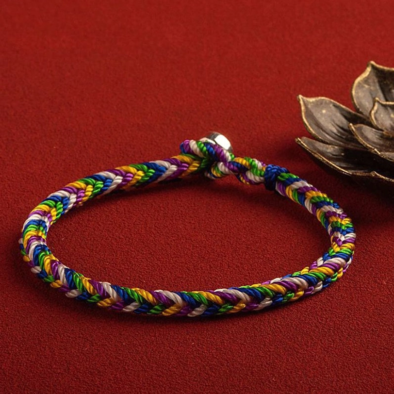 Handcrafted multicolor Tibetan protection bracelet with adjustable sizing options and clasp