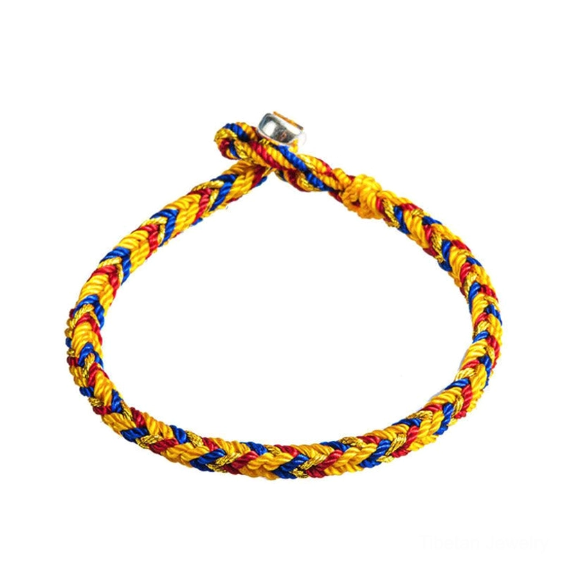 Clear product photo of Tibetan multicolor protection bracelet on white background showing full design with silver clasp