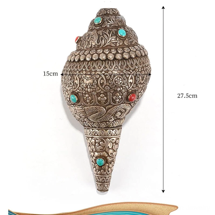 Natural conch shell shankha with eight auspicious symbols and turquoise inlay, authentic Tibetan spiritual treasure