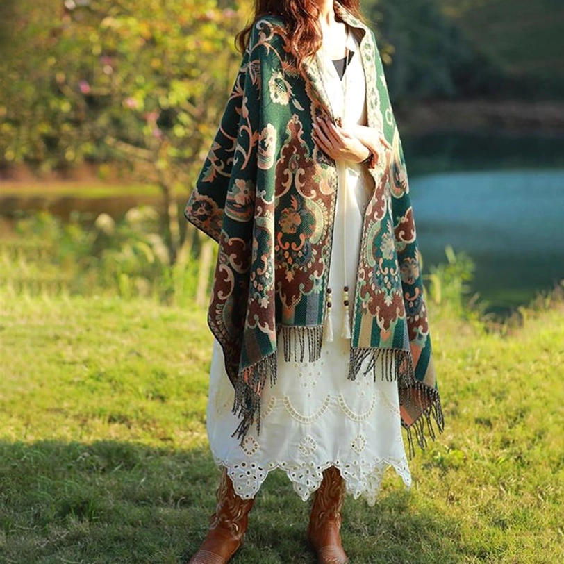 Tibetan botanical vine leaf tassel shawl navy blue option showing traditional weaving craftsmanship