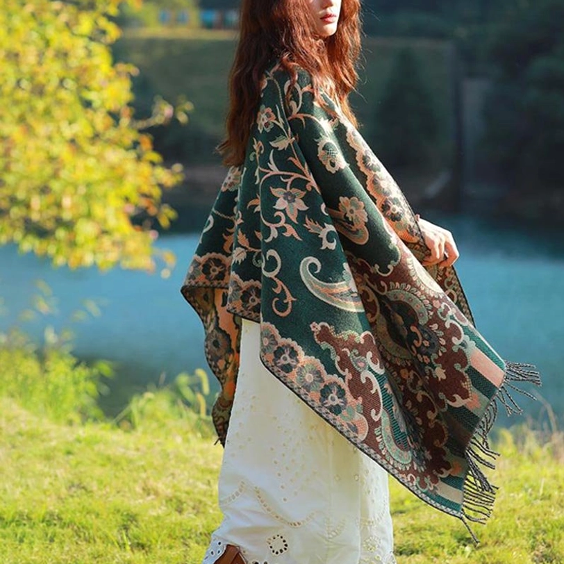 Tibetan leaf pattern wrap in navy blue with botanical jacquard design and decorative tassels