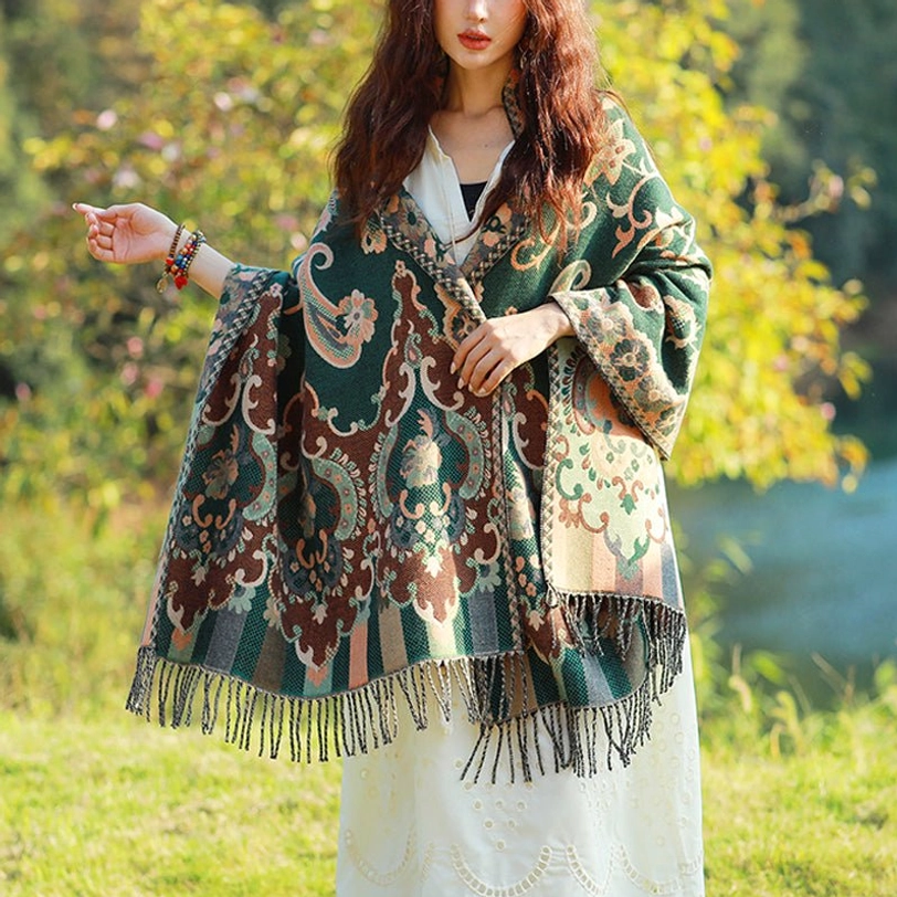 Tibetan vine leaf botanical shawl navy blue variant with traditional jacquard weave and tassel trim