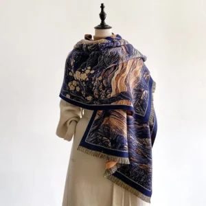 Tibetan landscape scarf with navy blue mountain art pattern displayed on mannequin, front view with hand-frayed fringed hem