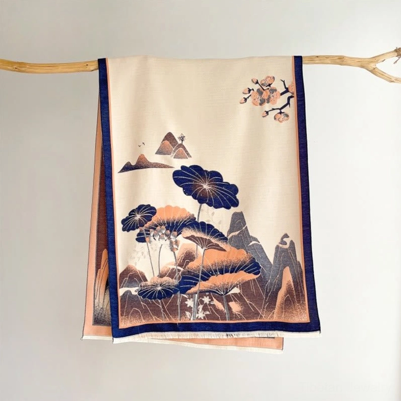 Tibetan navy blue lotus mountain shawl with ink wash landscape, draped elegantly for evening wear styling