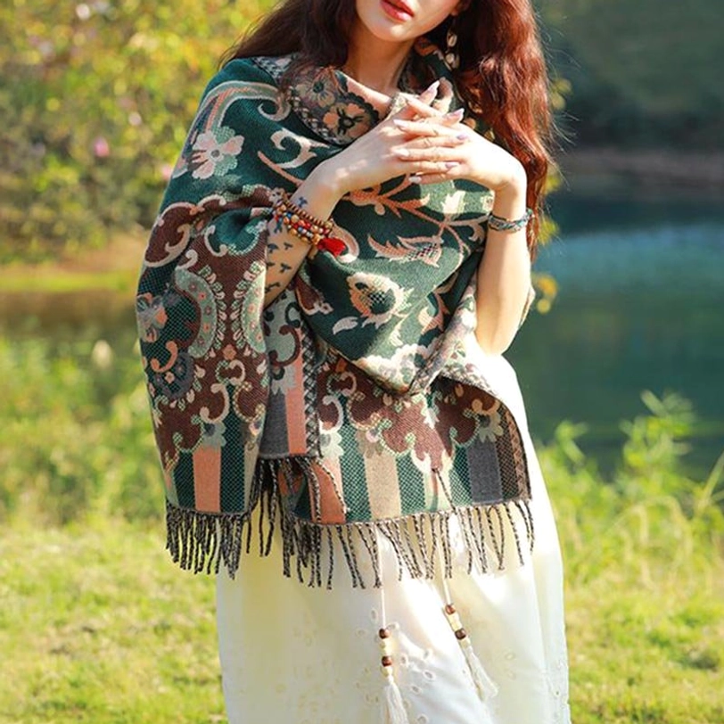 Tibetan botanical tassel shawl navy shade featuring elegant floral motifs and fringe hemline