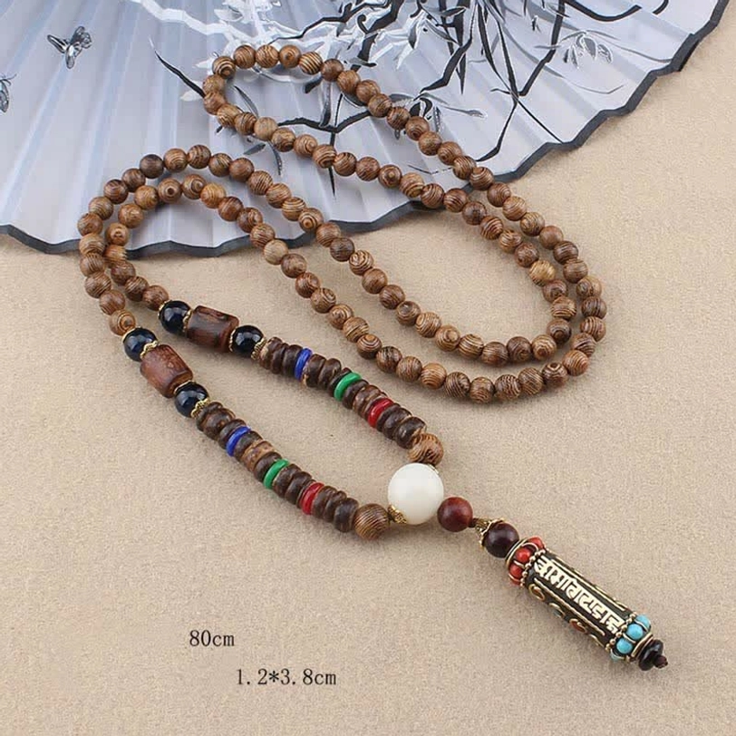 Om Mani Padme Hum Tibetan necklace with size measurements showing 80cm length and 1.2x3.8cm pendant