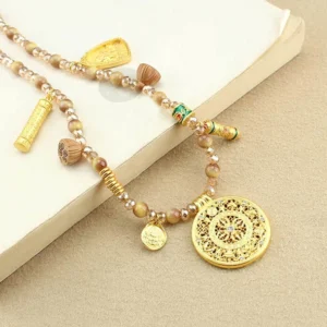 Multi-pendant Tibetan beaded necklace featuring tiger eye stones and gold enamel charms