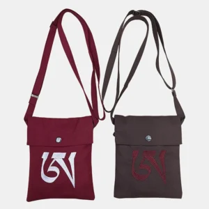 Tibetan OM mantra embroidered crossbody bags in multiple colors - burgundy and brown spiritual shoulder bags with snap flap closure