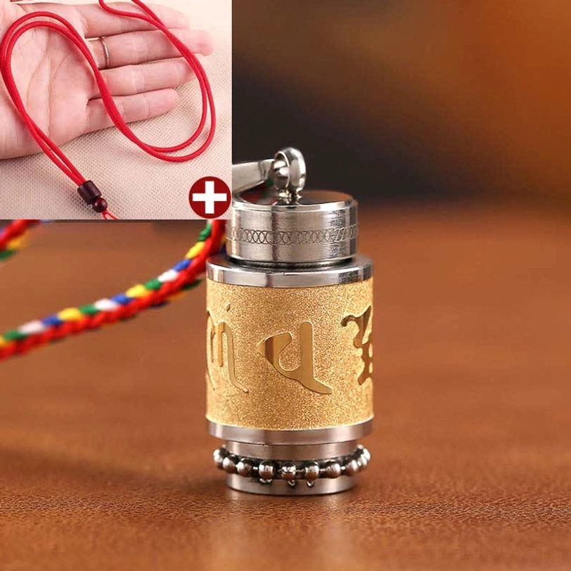 Tibetan Buddhist Om Mani Padme Hum amulet with red rope lanyard and gold finish