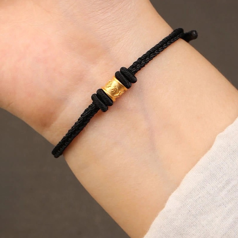Black Tibetan om mani padme hum protection bracelet with gold charm, alternative color option