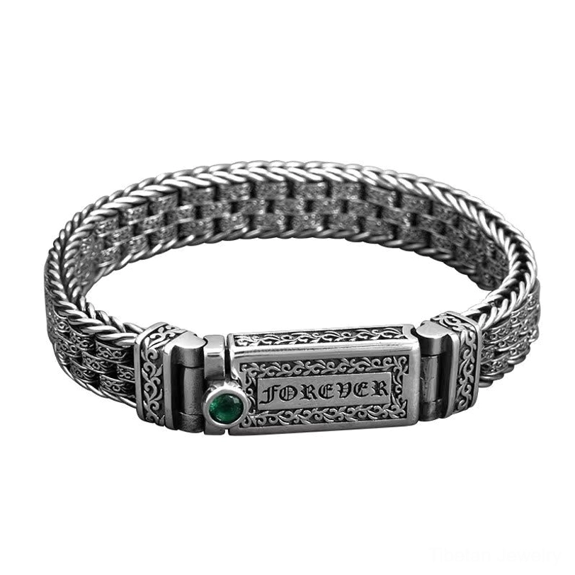 Full display of the Tibetan copper Om Mani Padme Hum bracelet on white background, clearly showing the complete chain, ornamental clasp, and mantra engravings