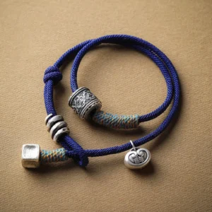 Tibetan Om Mani Padme Hum double wrap rope bracelet with royal blue braided cord and silver engraved amulet charms on tan background, top-down flat lay view