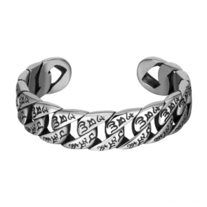Tibetan Om Mani Padme Hum titanium steel open cuff bracelet with engraved mantra text, front flat lay view on white background
