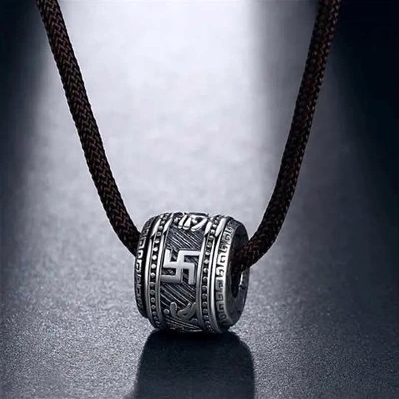 Tibetan mantra pendant necklace with antique silver metal and brown wax rope cord, featuring engraved Buddhist scriptures and swastika symbol
