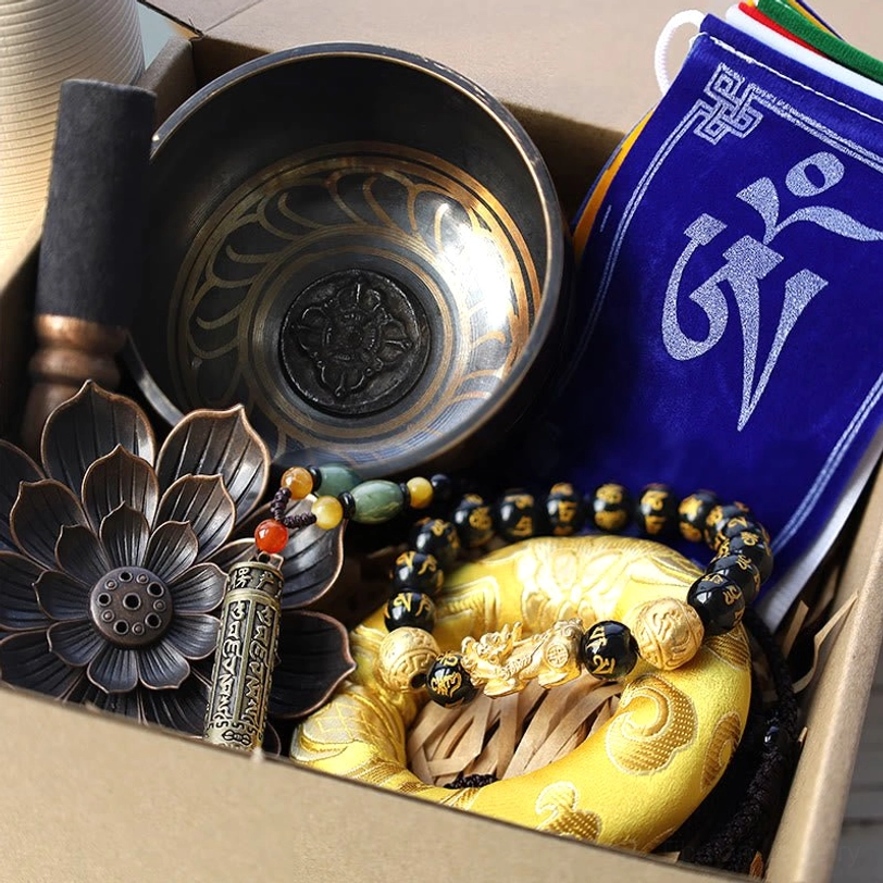 Complete Tibetan Om Mani Padme Hum spiritual gift bundle set in decorative gift box, featuring singing bowl, prayer necklace, abundance bracelet, incense holder and prayer flags
