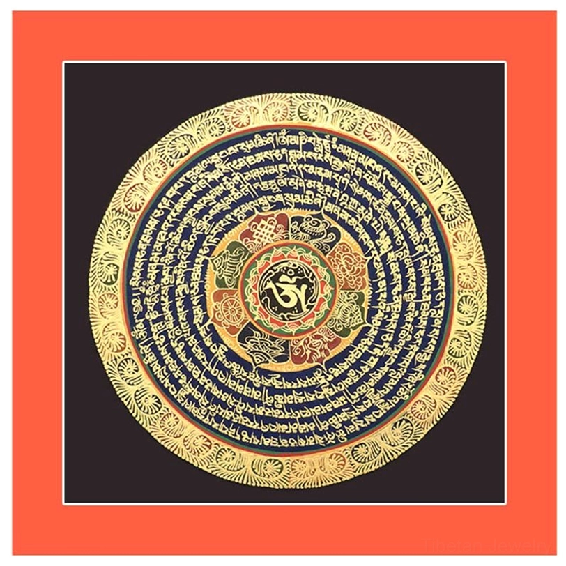 Tibetan six-syllable mantra Om Mani Padme Hum thangka handmade painting featuring authentic Buddhist sacred geometry and gold calligraphy
