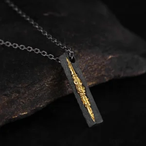 Tibetan mantra necklace with dual-tone silver and gold chain, side view