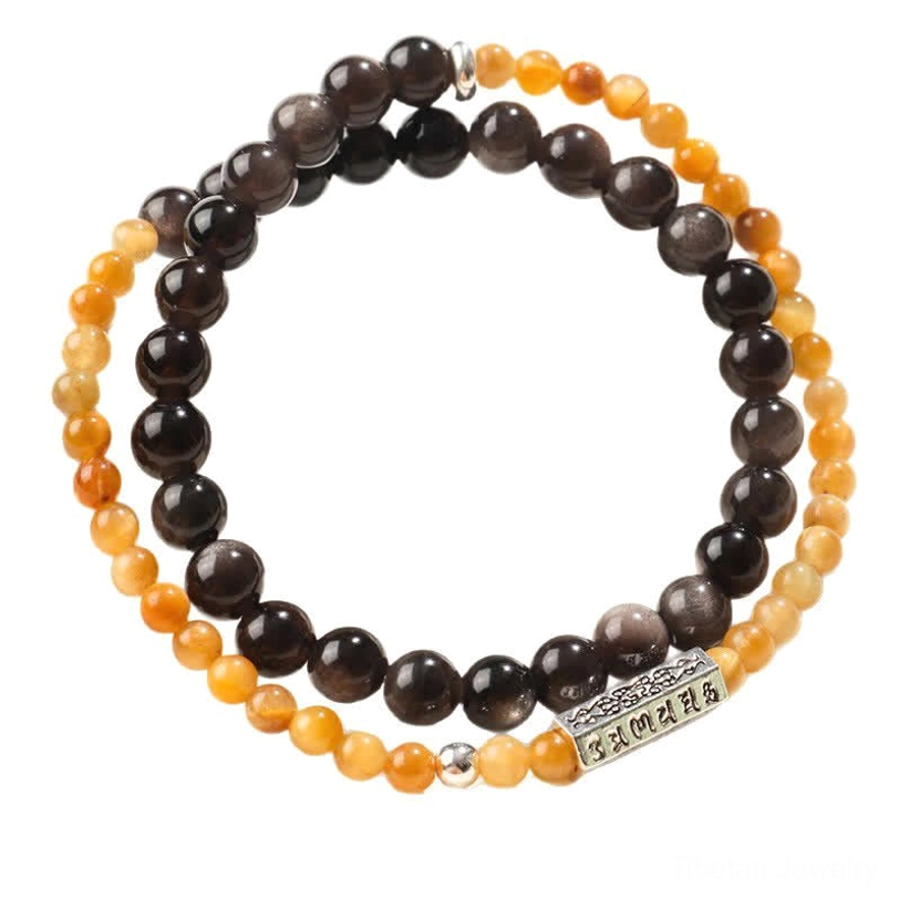 Tibetan Buddhist Om Mani Padme Hum mantra bracelet with natural silver sheen obsidian beads and elastic band construction