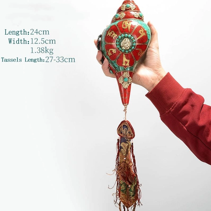Tibetan Om Mani Padme Hum Shankha conch shell spiritual decoration with turquoise and gemstones