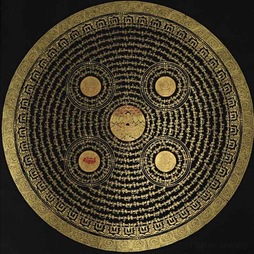 Authentic Tibetan Om Mani Padme Hum thangka painting with traditional Buddhist iconography and natural pigment colors