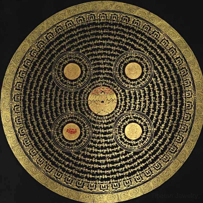 Black-gold Tibetan Om Mani Padme Hum mandala thangka with concentric gold script rings and five central circular motifs